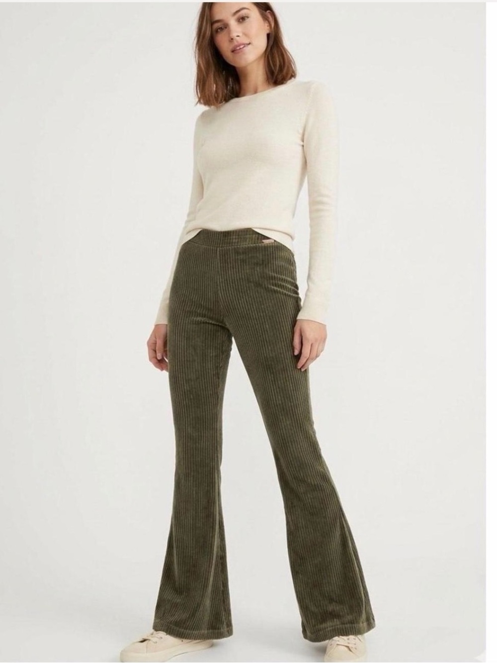Aerie Olive Green Ribbed Faux Corduroy Stretch Flares Pull On Pants XS Short